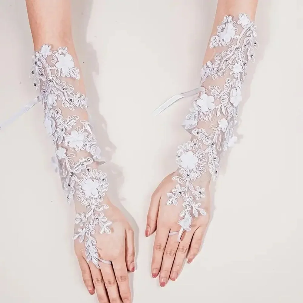 White Tulle and Lace Fingerless Bridal Wedding Gloves With Rhinestone Accents